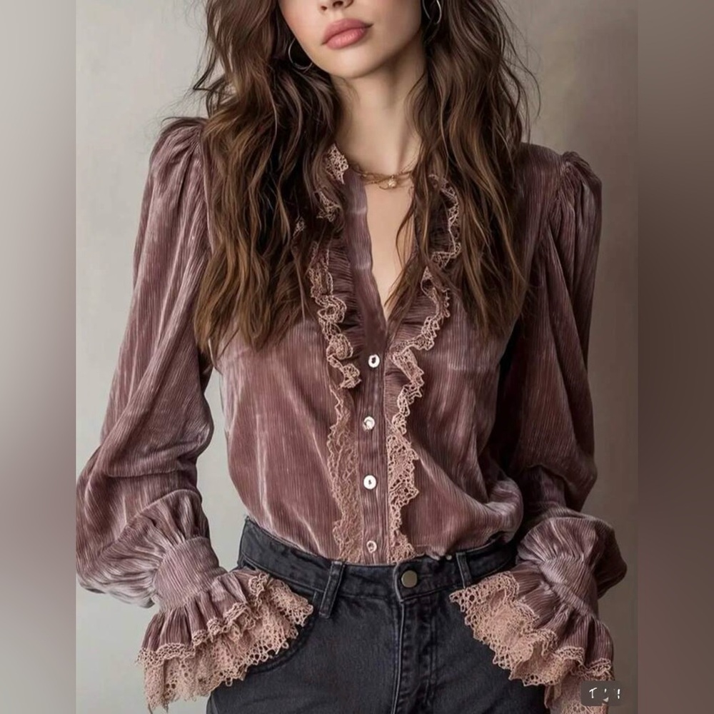 Elegant Lace Trim Vintage Blouse - Dusty Pink